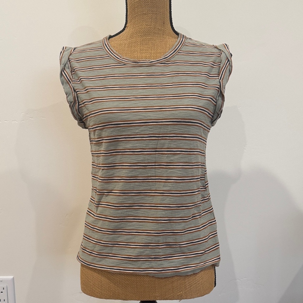 Veronica Beard Striped Short Sleeve Top - Green and Brown